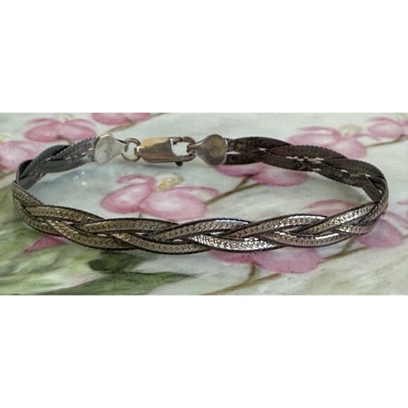 Italy Jewelry - Vintage 80s Braided 925 Silver Herringbone Bracelet 7.5"
